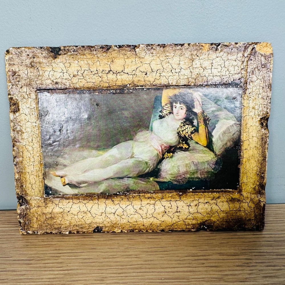 Vintage Rocinante Spain La Maja Vestida Goya Plaque Print Wood Crackle 5.5x7.5